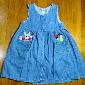 Samara Girls Denim Dress Bunny Paint Art Pockets Button Front Size 5